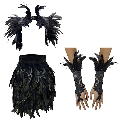 Karneval 2026 Rio Karneval Samba Zubehör 3Teile Damen Rot Feder Kostüm Set Gothic Schulterumhang Minirock Spitzenhandschuhe Brasilien Festival Aufführung Kostüm Image