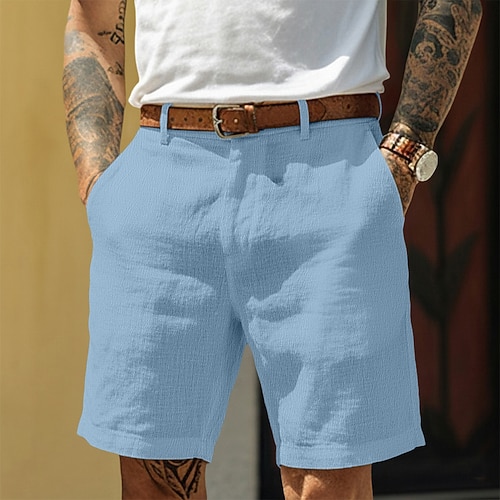 Herren Shorts Leinenshorts Schicke Shorts Sommershorts Reißverschluss Tasche Einheitliche Farbe Komfort Atmungsaktiv Knielang Täglich Streetwear Geschäft Mode Lässig Blau Schwarz Unelastisch Image