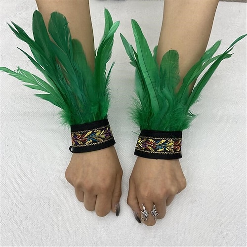 Karneval 2026 Rio Karneval Samba Zubehör Damen Schwarz Feder Handgelenk Manschetten mit Vintage Besticktem Band Brasilien Festival Aufführung Kostüm Image