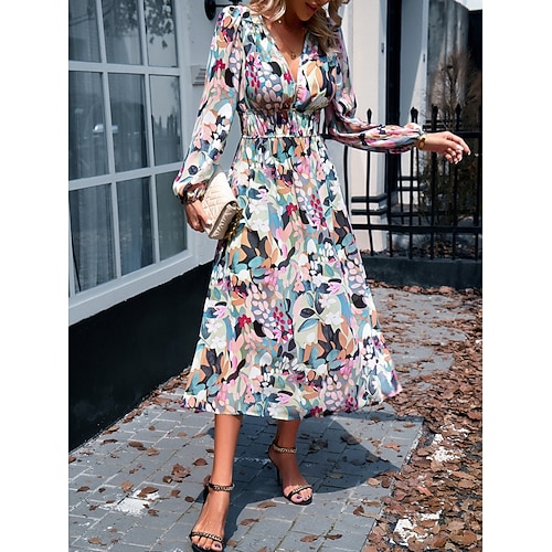 Damen Midikleid A Linie Kleid Urlaub Lässig Outdoor Ausgehen Normale Passform Blumen Langarm V Ausschnitt Blau Grün Aprikose Sommer Frühling Herbst Image