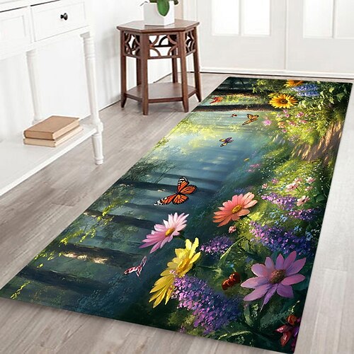 Flurläufer mit Pflanzen- und Blumenmuster, Flanellstoff, bedruckt, rutschfest, weich, für Eingangsbereich, Badezimmer Image