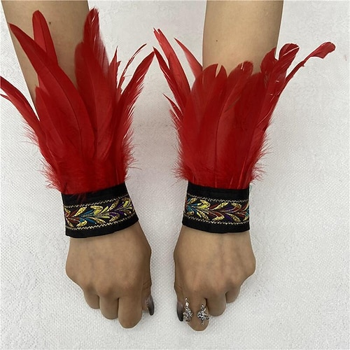 Karneval 2026 Rio Karneval Samba Zubehör Damen Schwarz Feder Handgelenk Manschetten mit Vintage Besticktem Band Brasilien Festival Aufführung Kostüm Image