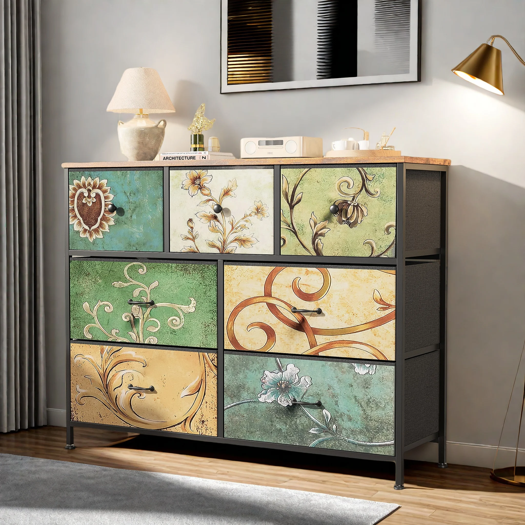 Rosahqnda Meuble vintage avec tiroirs en tissu Meuble TV Commode pour salon, salle à manger, chambre à coucher, cadre en fer