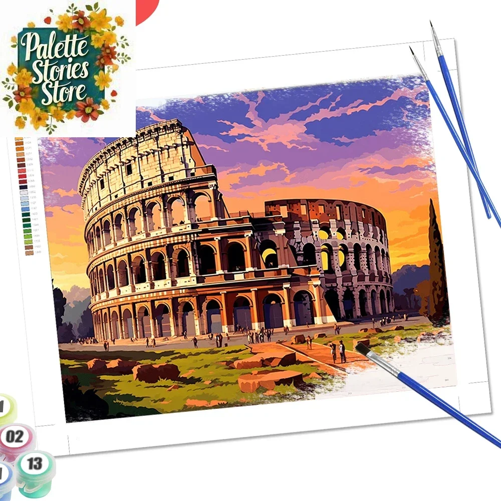 Malen nach Zahlen-Sets, Stadtgebäude, Landschaft, Malen nach Zahlen, Sonnenuntergang, Weihnachtsgeschenke, Leinwand-Wand-Set, handgefertigt, rahmenlos Image