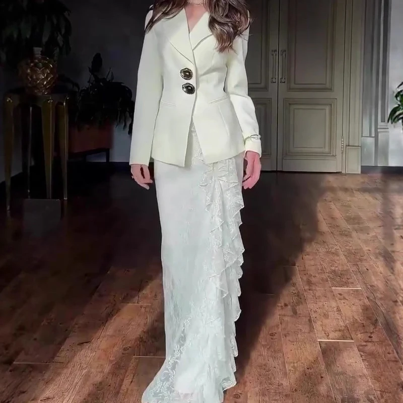 Frauen Mode Temperament Langen Rock Set Sexy Stickerei Party Rock 2Pc Anzüge Elegante Revers Kragen Blazer Mäntel & Rock Outfits