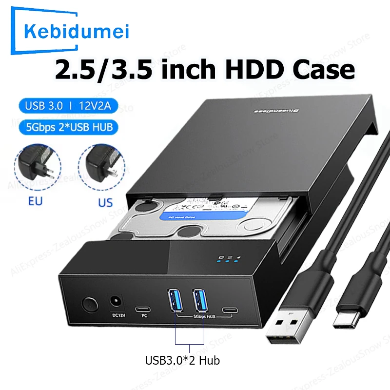 2,5/3,5 Zoll HDD/SSD-Gehäuse USB3.0 HUB, unterstützt 20 TB USB-Anschlüsse, externe Festplattenbox für 3,5 2,5 Zoll SATA SSD HDD-Gehäuse Image