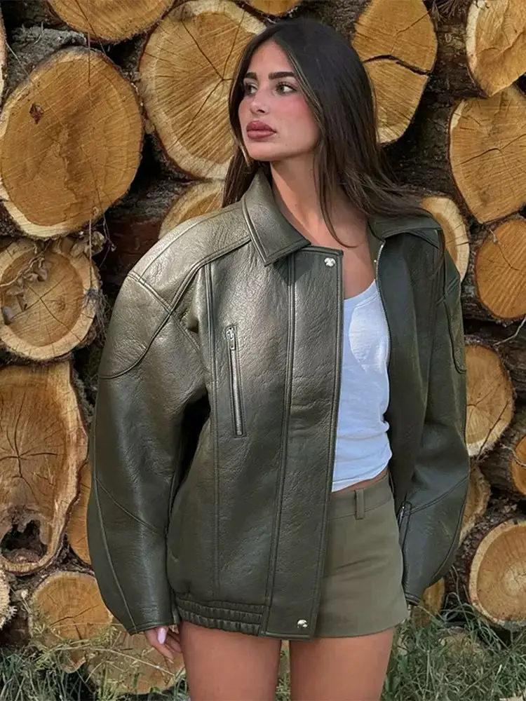 Vintage Armee Grün Stehkragen Leder Bomber Jacke Frauen Lose Lange Sleeve Zipper Mantel Dame Tasche Täglichen Oberbekleidung