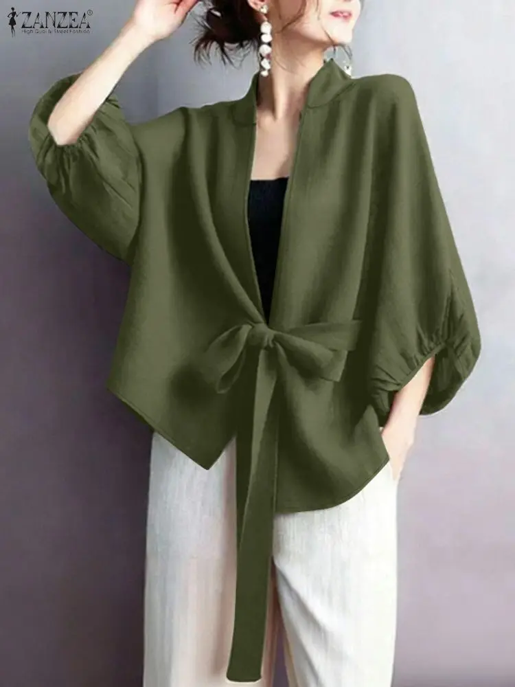 2025 ZANZEA Elegante scollo a V manica lanterna cardigan camicia autunno donna top elegante solido OL camicetta da lavoro casual con lacci Blusas