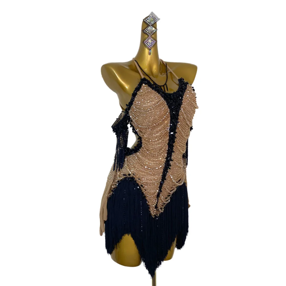 Latin Dance AB Stein Weibliche Erwachsene Kinder High-end Angepasst Kristall Kette Quaste Rock Schwarz Pool Samba Performance Kleid Image