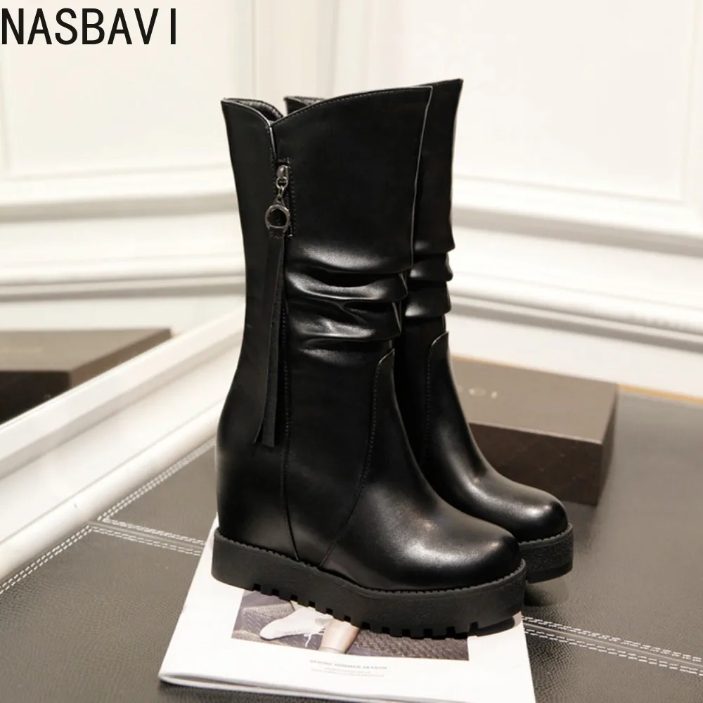 NASBAVI 2026 Casual Keil Heels Schnee Stiefel Frauen Bequeme Pelz Plüsch Mid-kalb Boot Mode Schwarz Braun Weiß Winter schuhe