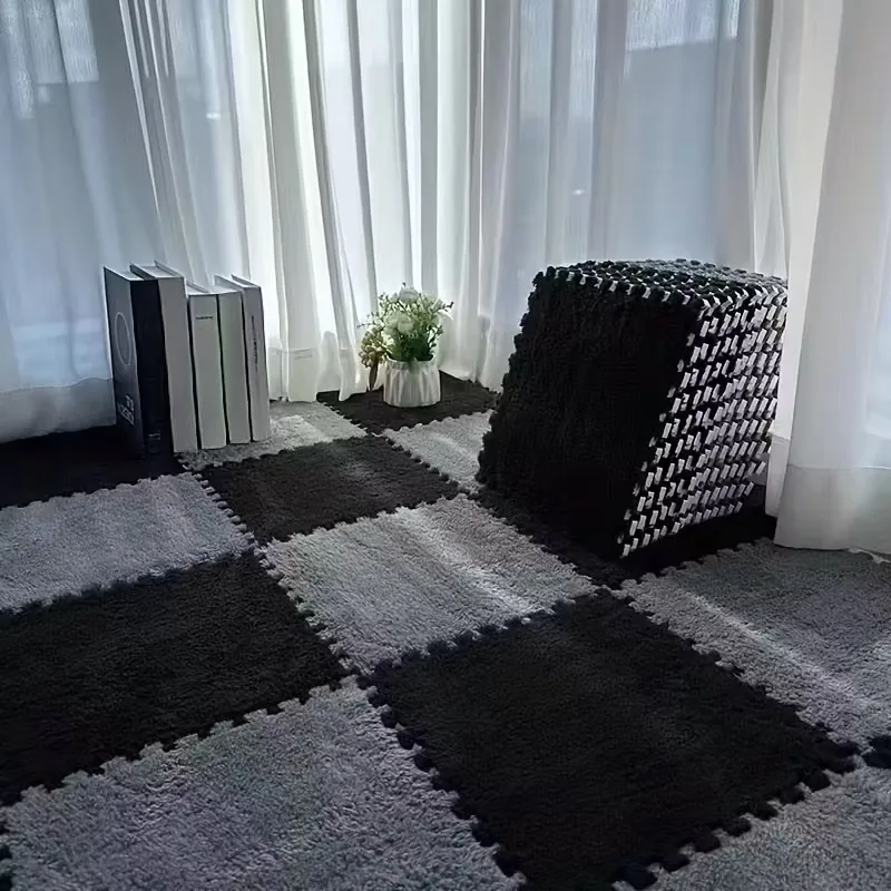 16-teilige ineinandergreifende, flauschige Bodenmatte, weicher Puzzleteppich mit langem Flor, rutschfest und waschbar, geeignet für Wohnzimmer und Schlafzimmer