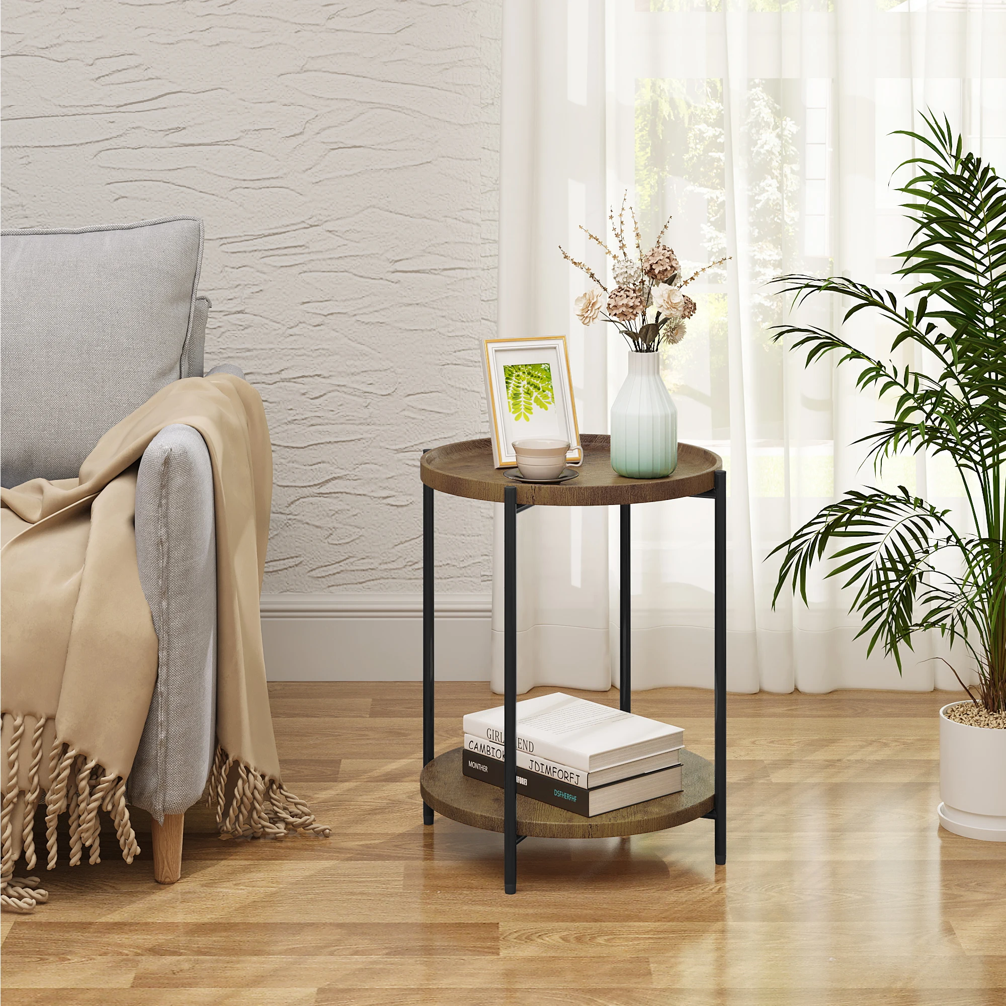 WOLTU Home Runder Couchtisch mit 2 Regalen, abnehmbare Tischplatte, Sofa, Telefon, Tee-Nachttisch für Wohnzimmer, Schlafzimmer Image