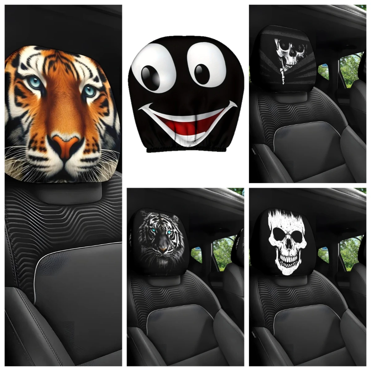 2 Stück Sitz-Kopfstützen-Schutz für Auto, lustige Cartoon-Auto-Kopfstützen-Abdeckungen, niedliches Augen-Design – Auto-Innenzubehör Image