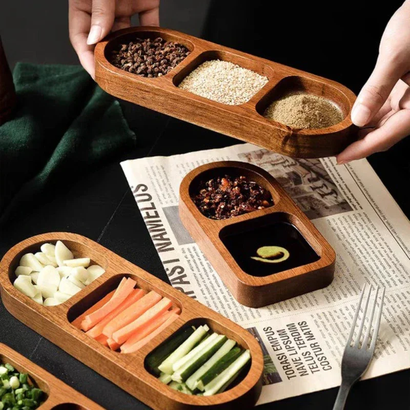Rechteckiges Tablett aus massivem Holz, 2/3 Gitter, Gewürzteller, Frühstück, Sushi, Brot, Dessert, Soßenteller, Küche, Abendessen, Gewürzteller Image
