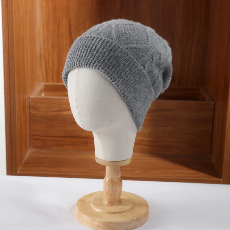 Damen-Strickmütze aus 100 % Merinowolle, Y2K-Hip-Hop-Street-Style, warm, weich, Rautenmuster, einfarbig, Beanie, Totenkopfmütze