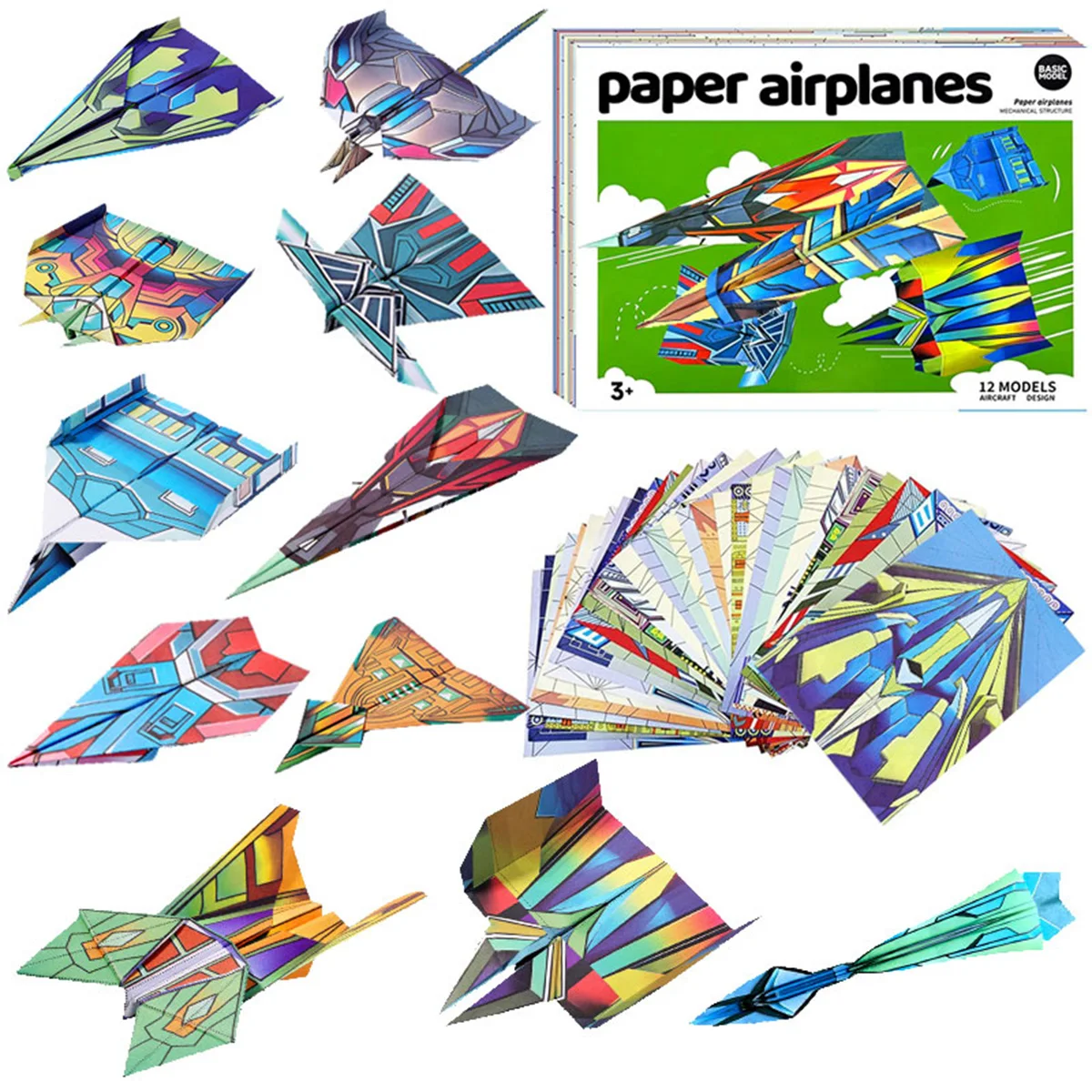 Papierflugzeug-Sets mit 12 klassischen Designs, buntem Origami-Papier, Weltrekorder-Papierflieger, Flugzeug für Schüler (Big). Image