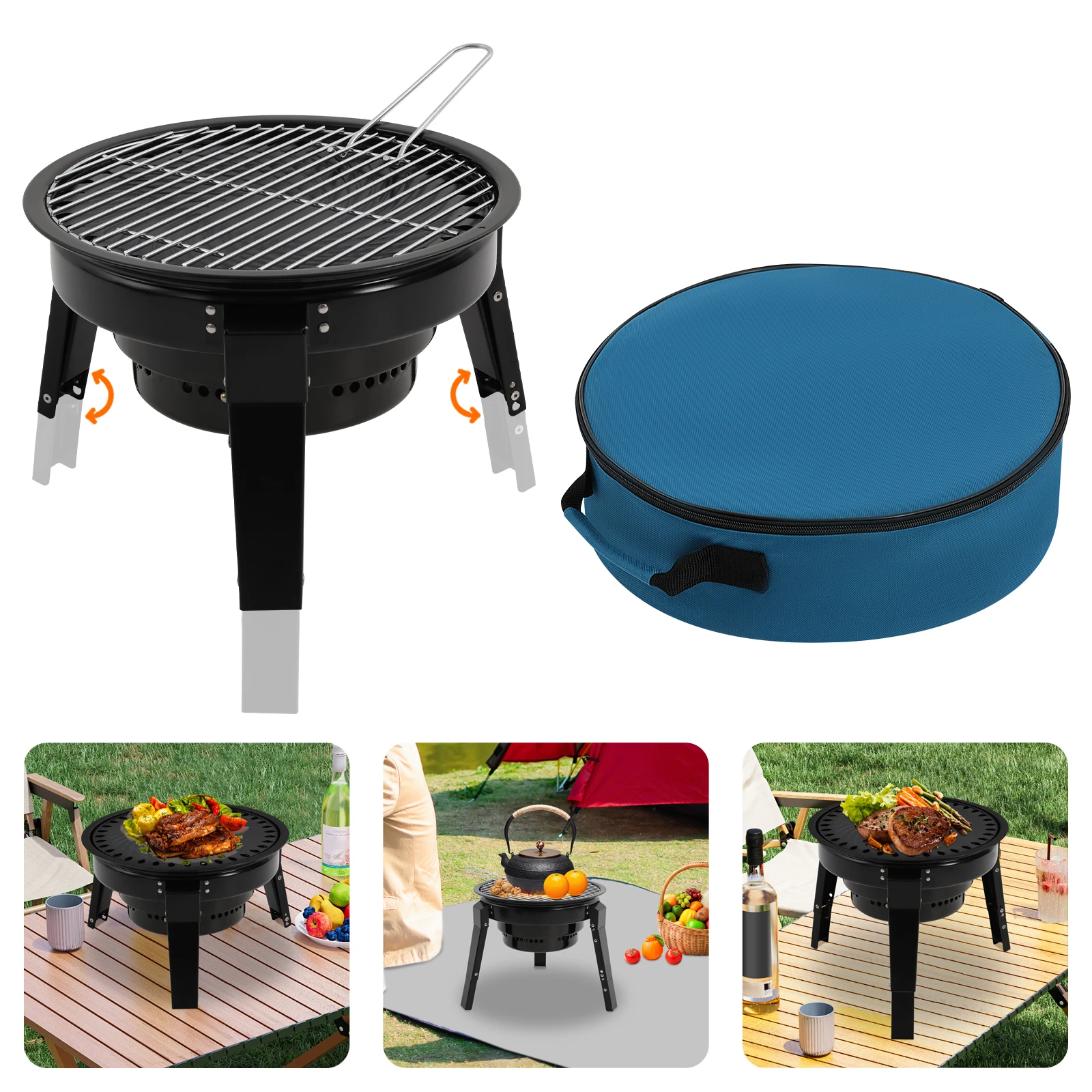 Tragbare Holzkohlegrills, Grillfass mit Grillzubehör und Tragetasche für Camping, Garten, Grillparty, Tischgrill aus Holzkohle Image