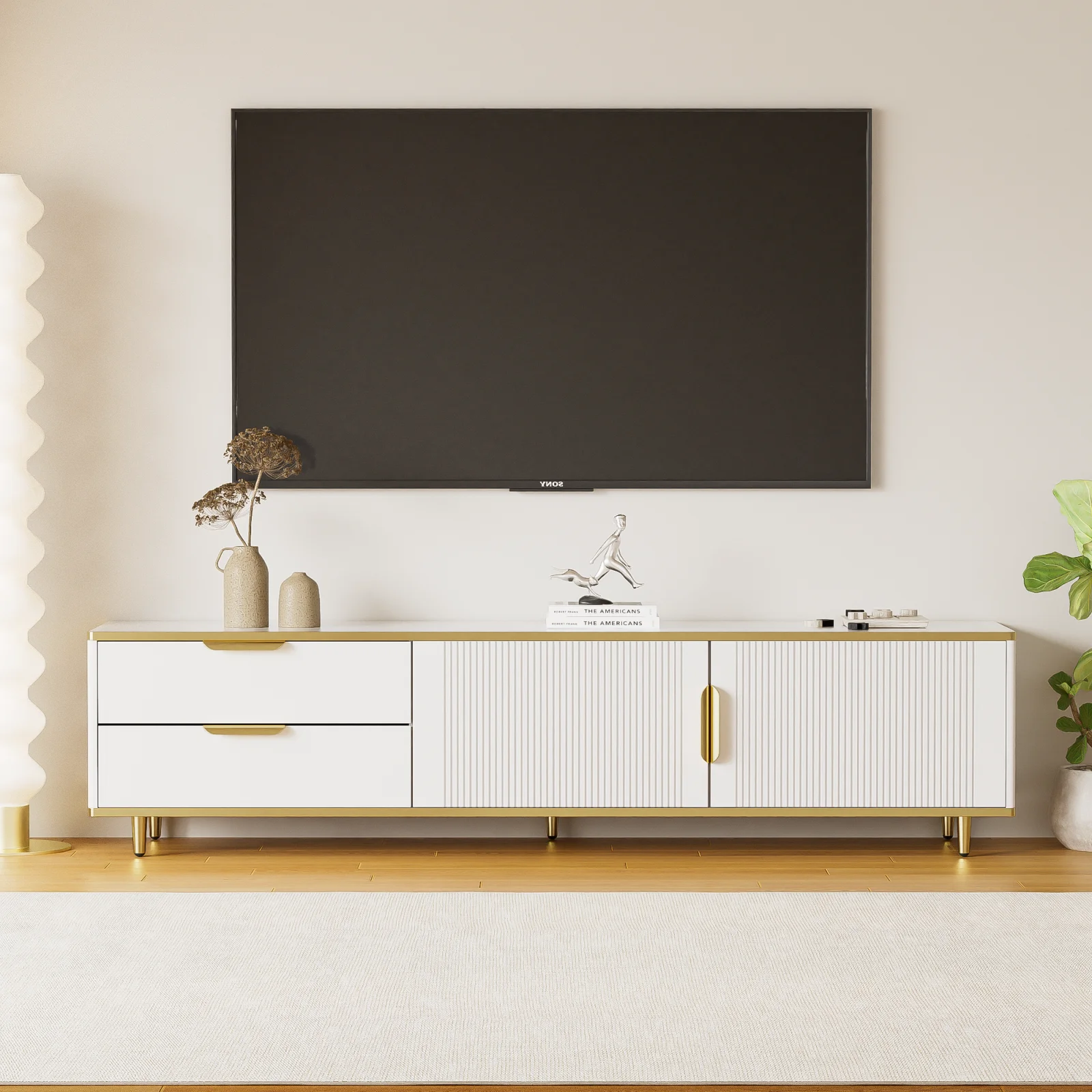Comanlai 175 x 40 x 45 cm Lowboard-TV-Schrank, Stauraum, TV-Tisch mit Türen und Schubladen, goldene Griffe und Füße für das Wohnzimmer