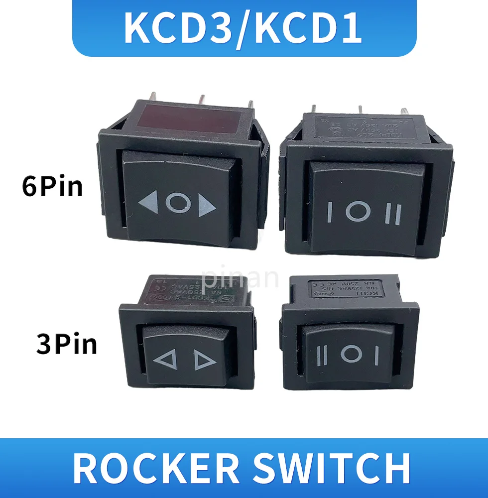 KCD4 schwarzer Wippschalter Netzschalter EIN-AUS-EIN 3 Positionen 3/6 Pins mit Licht 16A 250VAC/ 20A 125VAC KCD1 10A 125VA/ 6A 250V Image