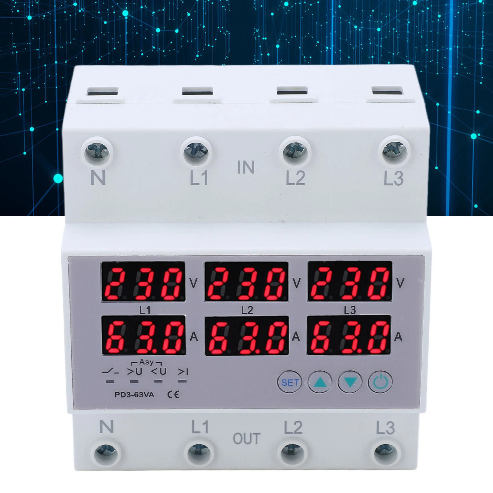 3-Phasen-Din-Rail-Voltmeter Ampere meter Automatischer Überspannungs-Übers trom schutz Wechselstrom 390-500V 40a/63a Image