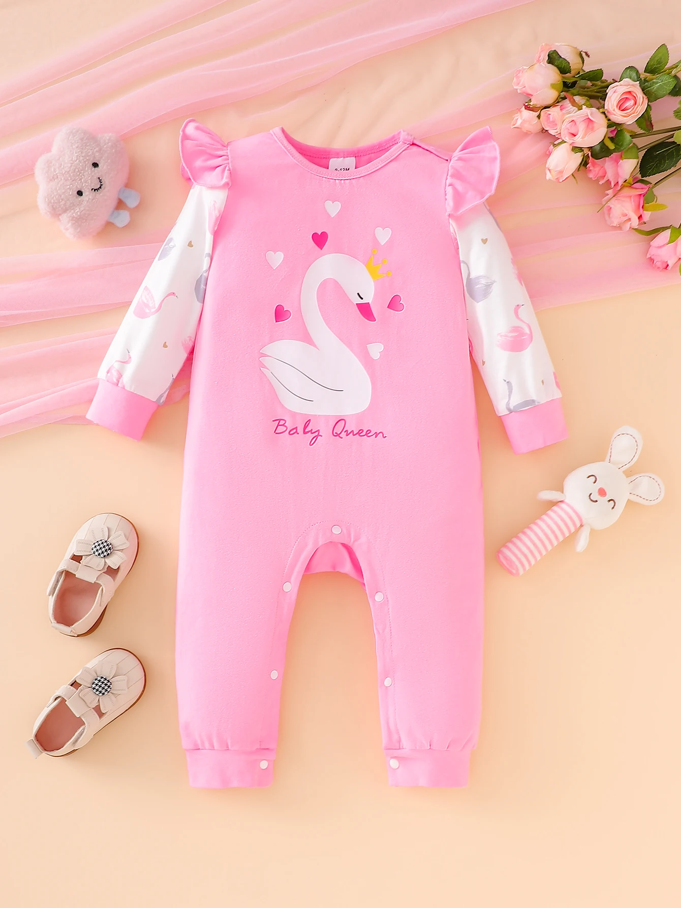 Mädchen-Einteiler mit Frühling und Herbst, lässig, Schwanenmuster, rosa, langärmelig, für Babys, bequeme, weiche Kleidung für Kleinkinder Image