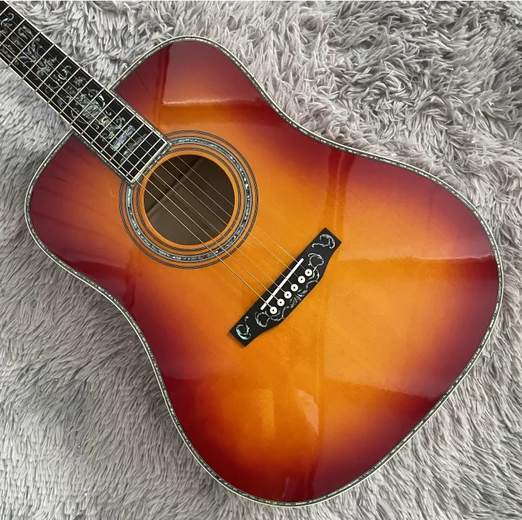 Neue 41-Zoll-Akustikgitarre mit Kirsch-Burst-Fichtendecke und echtem Knochensattel, Abalone-Inlay Image