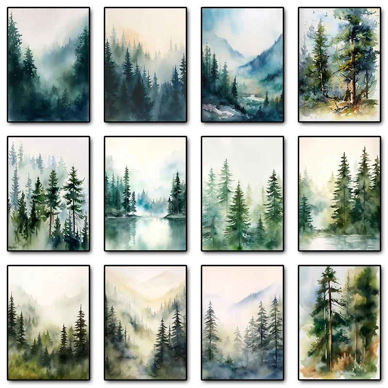 Aquarell nebliger Wald Berg Bäume Kiefer Poster und Drucke Leinwand Malerei grüne Wand Kunst Bild für Wohnzimmer Home De