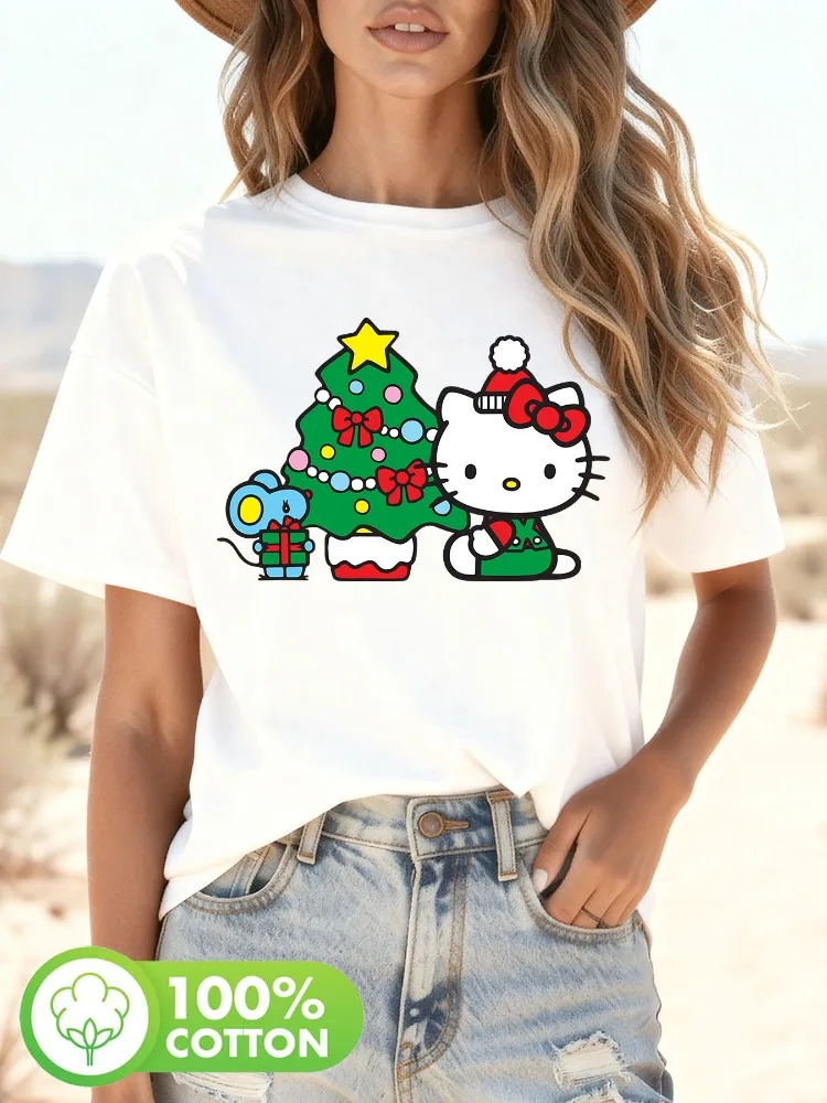Mouse Green Christmas Tree Kitty Cat T-Shirt Hello Kitty Christmas Tree Print Damen Kurzarm Rundhalsausschnitt Casual Fashion Top