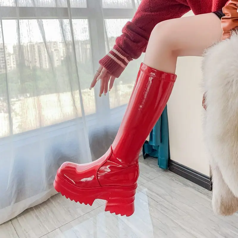 SIMLOVEYO 2025 Neue Weibliche frauen Kniehohe Booties 9 cm Chunky Heels Plattform Stretchy Casual Sexy Weibliche Große Größen 42-43