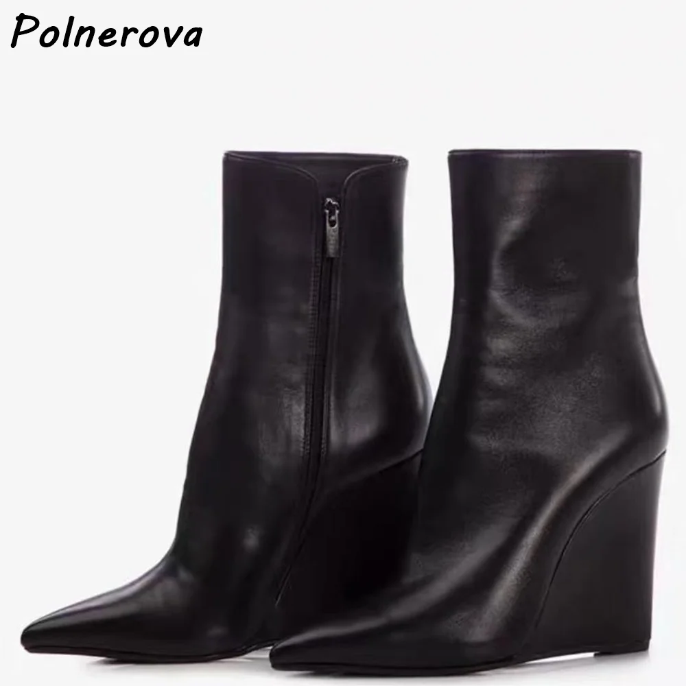 Solide Keile Stiefeletten Rot Schwarz Weiß All Match Spitze Zehen Seitlicher Reißverschluss Lederschuhe Damen Elegante Prägnante Freizeitstiefel