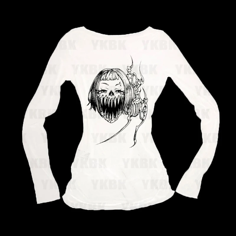 Harajuku Frauen Y2K Straße Harajuku Mode Spicy Girl Casual Langarm Slim Fit Gothic Weiß Print Anime T-shirt Spicy Girl