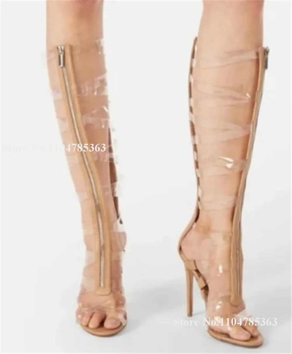 Kniehohe Gladiator-Stiefel aus durchsichtigem PVC, beige, schwarz, Stiletto-Absatz, offene Zehen, transparente Träger, Kreuzreißverschlüsse, dünner Absatz, Sandalenstiefel