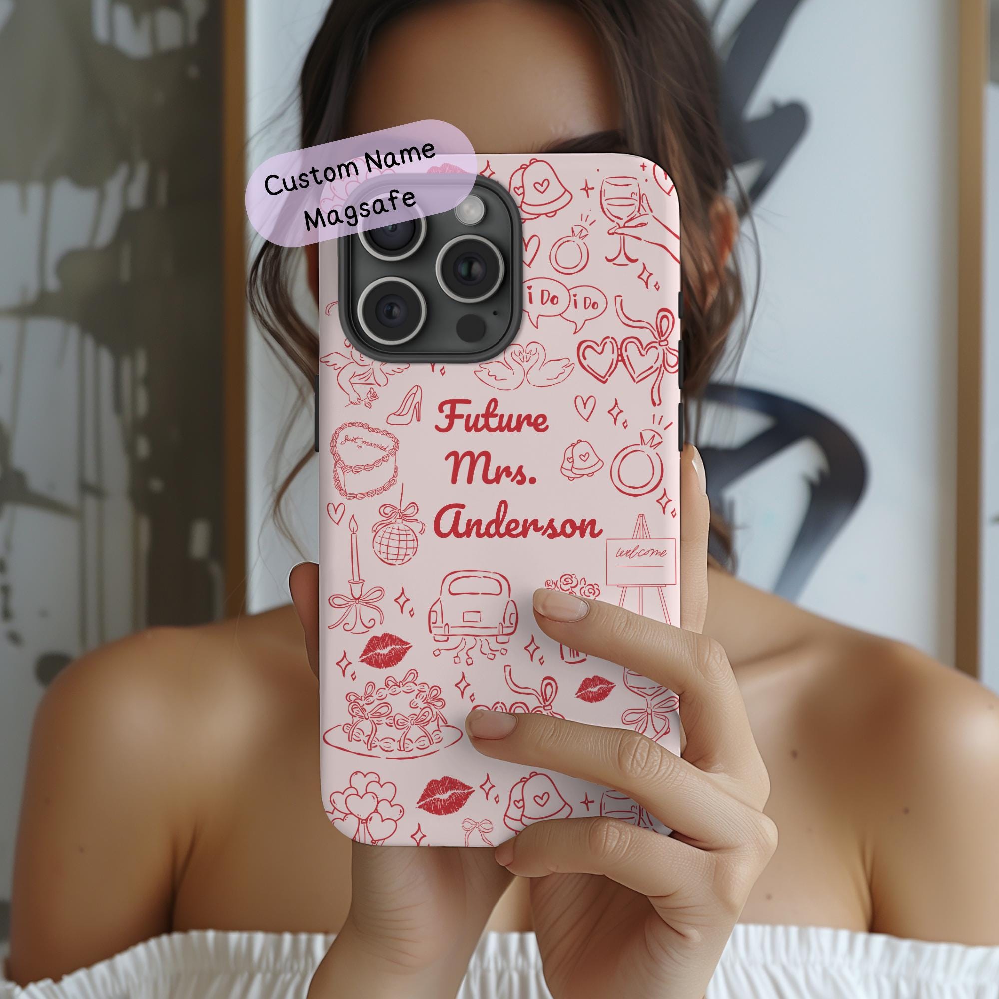 Custodia per telefono rosa personalizzata Future Mrs / Cover personalizzata con nome della sposa / iPhone 17 16 15 Pro Max Air e Samsung Galaxy s25 s2