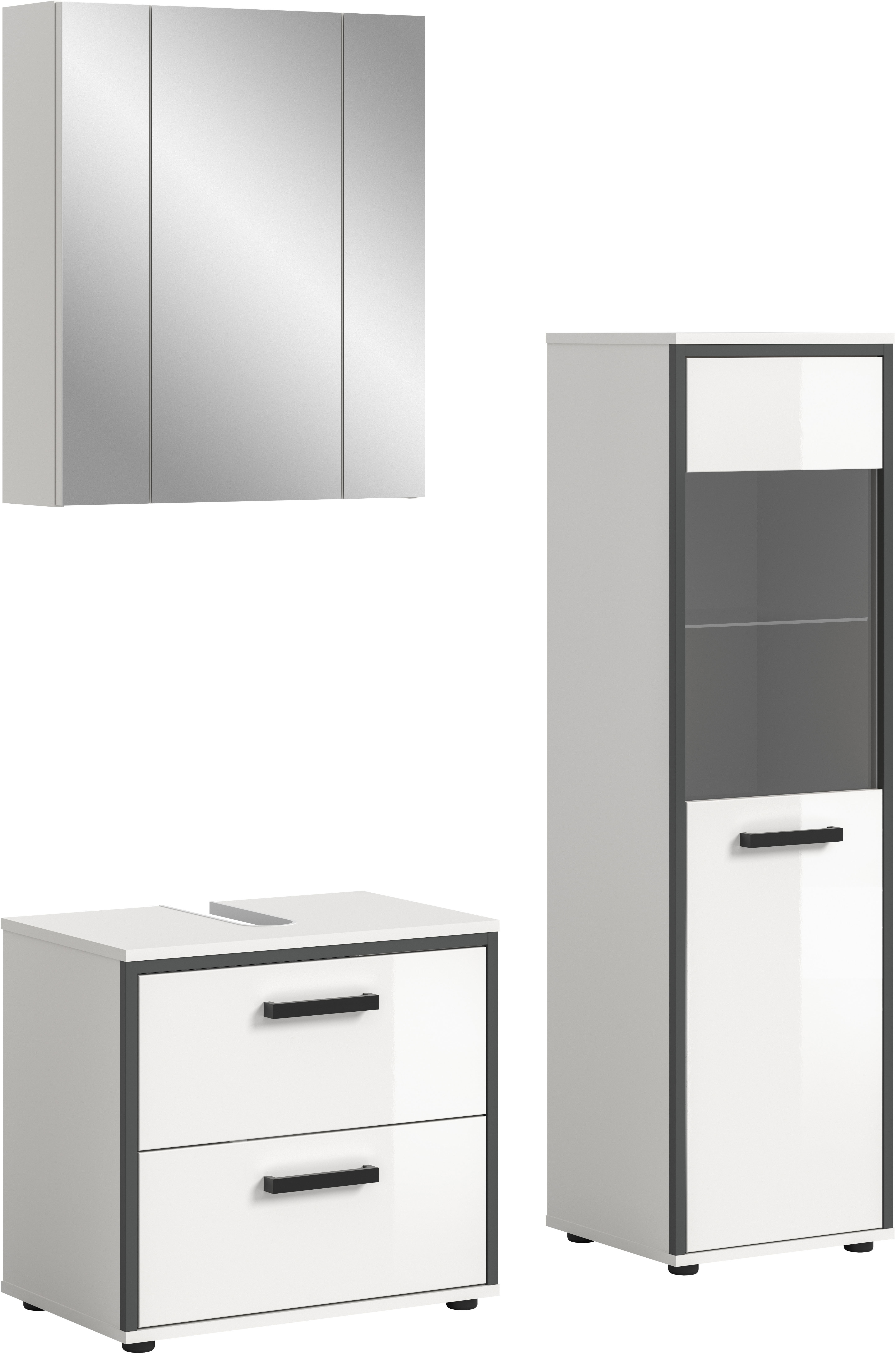 Badmöbel-Set WELLTIME "KAJO, 3-tlg. Badkombination, weiß hochglanz", weiß, weiß hochglanz, schwarz, B:115cm H:190cm T:37cm, Holzwerkstoff, MDF, Kastenmöbel-Sets, Badmöbel-Set, Bad-Kombination,Bad-Möbel,Badezimmer,Kombinationen,Kombi