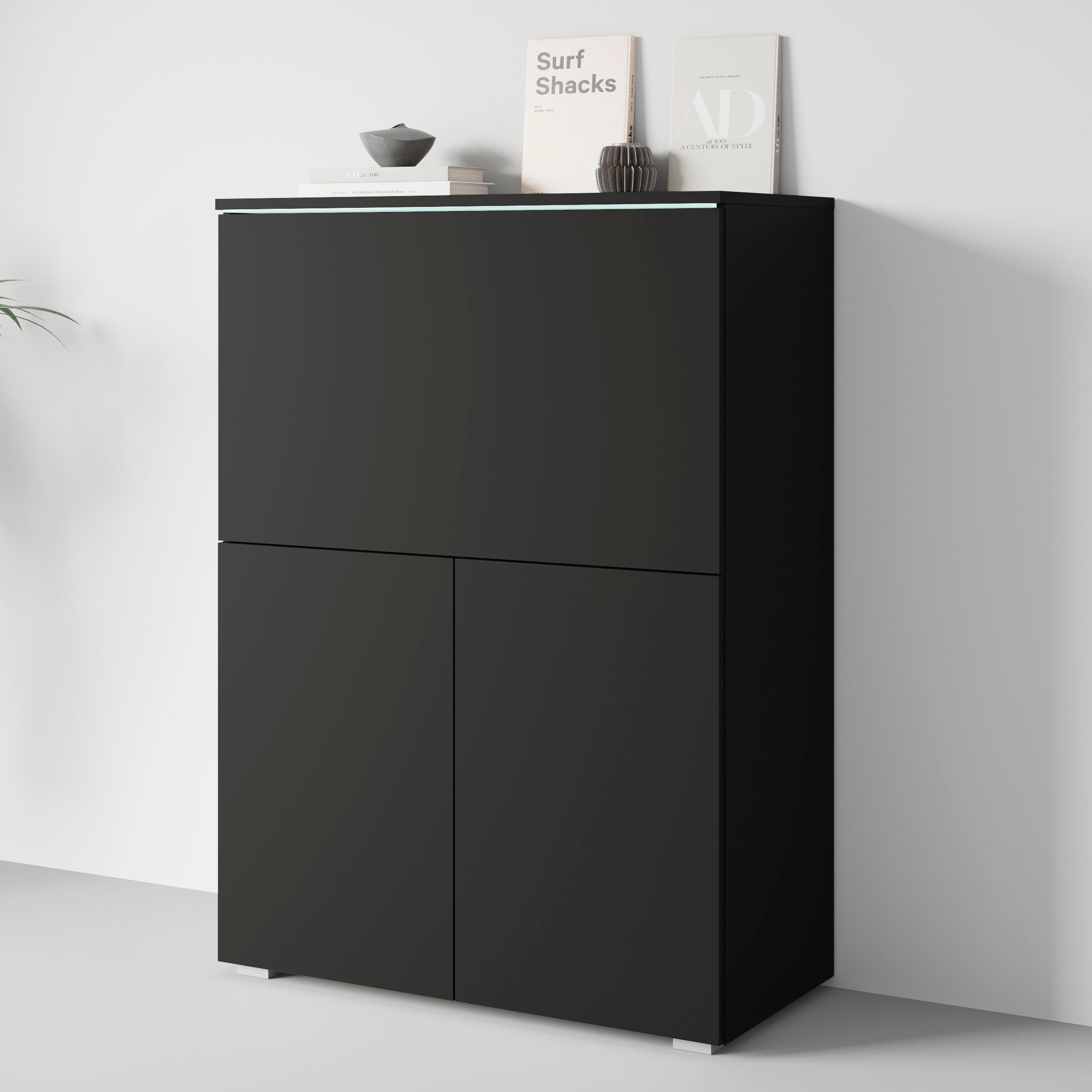 PC-Schrank HOME AFFAIRE "Vera, Sekretär, Home-Office-Schreibtisch mit LED-Beleuchtung", graphite schwarz matt, B:90cm H:125,1cm T:42cm, Sekretäre, Multifunktional mit Stauraum, klappbare Tischfläche, LED, B 90 cm