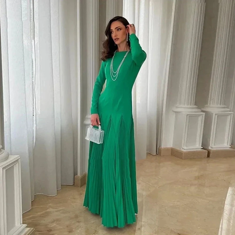 Maßgeschneiderte Jiayigong Mode einfache grüne Jersey-Abendkleider O-Ausschnitt Sexy rückenfrei volle Ärmel A-Linie bodenlang Festzug P