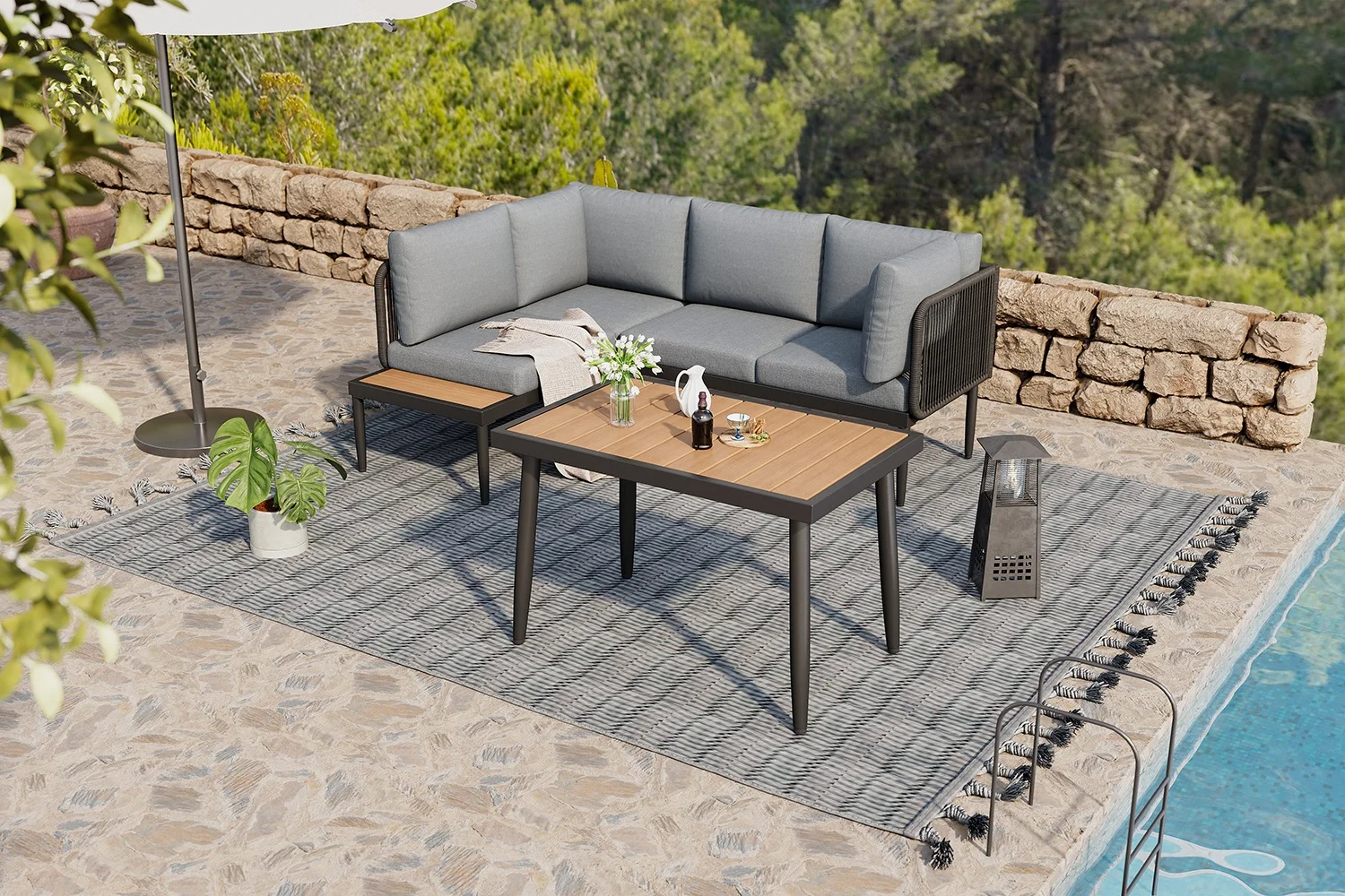 Garten-Essgruppe mit Ecksofa & Esstisch, verzinktes Stahlrohr, Kunststoff-Holzplatte, Outdoor Gartenmöbel Set, grau