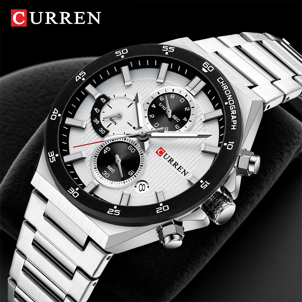 CURREN Herren-Panda-Chronographenuhr, weißes Zifferblatt, schwarze Hilfszifferblätter, elegante Sport-Quarzarmbanduhr mit 43-mm-Zifferblatt und leuchtenden Zeigern Image