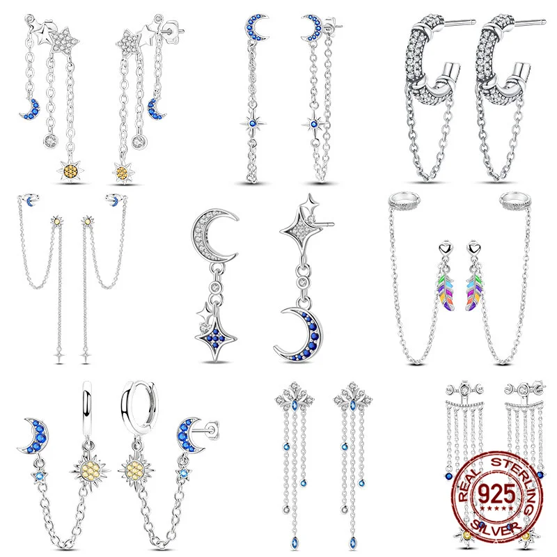 Original 100 % 925 Sterling Silber geometrische Sonne Mond und Sterne Quaste Damen Ohrringe Party Jahrestag Geschenk Image
