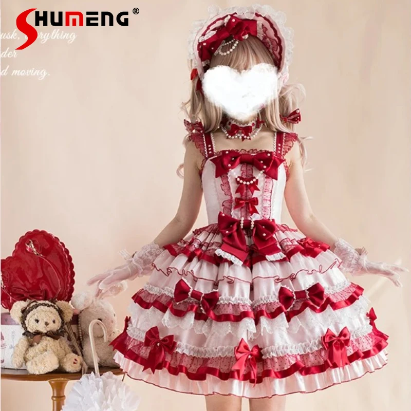 Original rotes süßes JSK-Lolita-Kleid 2025, Sommer, neue Prinzessin, süße Schleife, Spitze, Geburtstagsfeier, Mädchen, Damen, elegante süße Lo-Kleider
