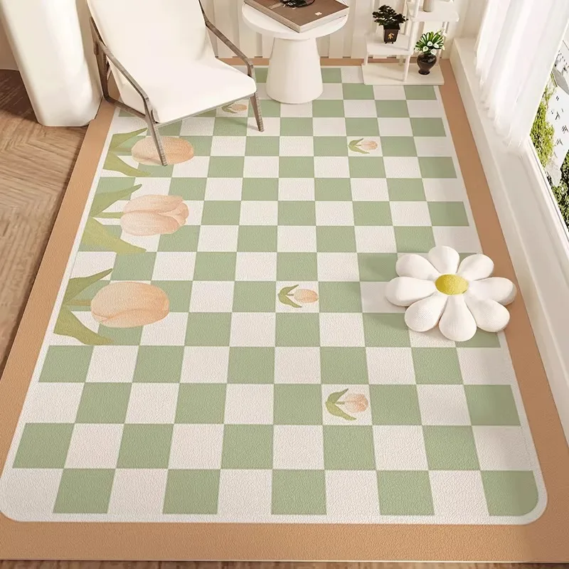 PVC Kitchen Floor Mat Modern Checker Floral Waterproof Oil-proof Bathrooms Carpet Wipeable No-clean Free Cut Balcony Rug Tapis