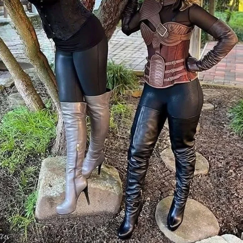 Schwarz Zipper Leder Plattform Stiefel Dünne High Heel Spitz Mode Sexy 2025, Winter Große Größe Frau Schuhe Zapatillas Mujer