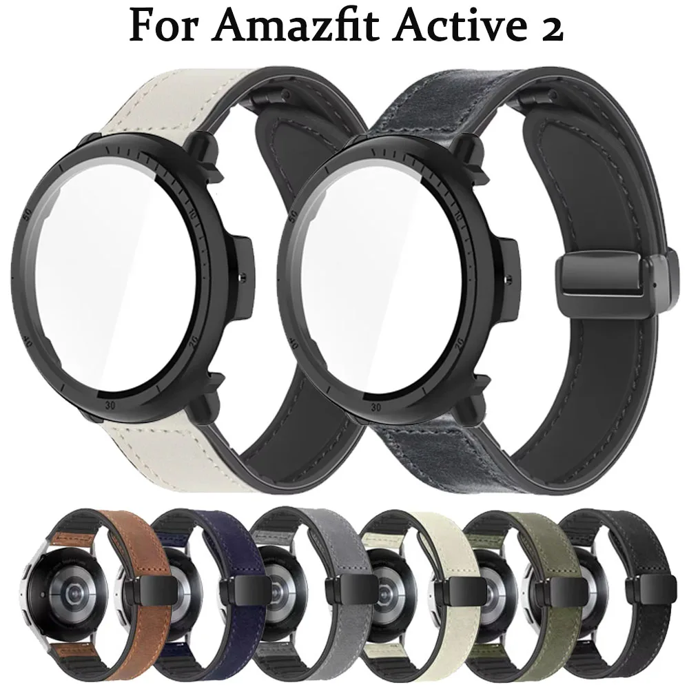 Leder-Silikonarmband + Glashülle für Amazfit Active 2, magnetisches Faltschnallenband für Amazfit Active 2 Displayschutzhülle Image