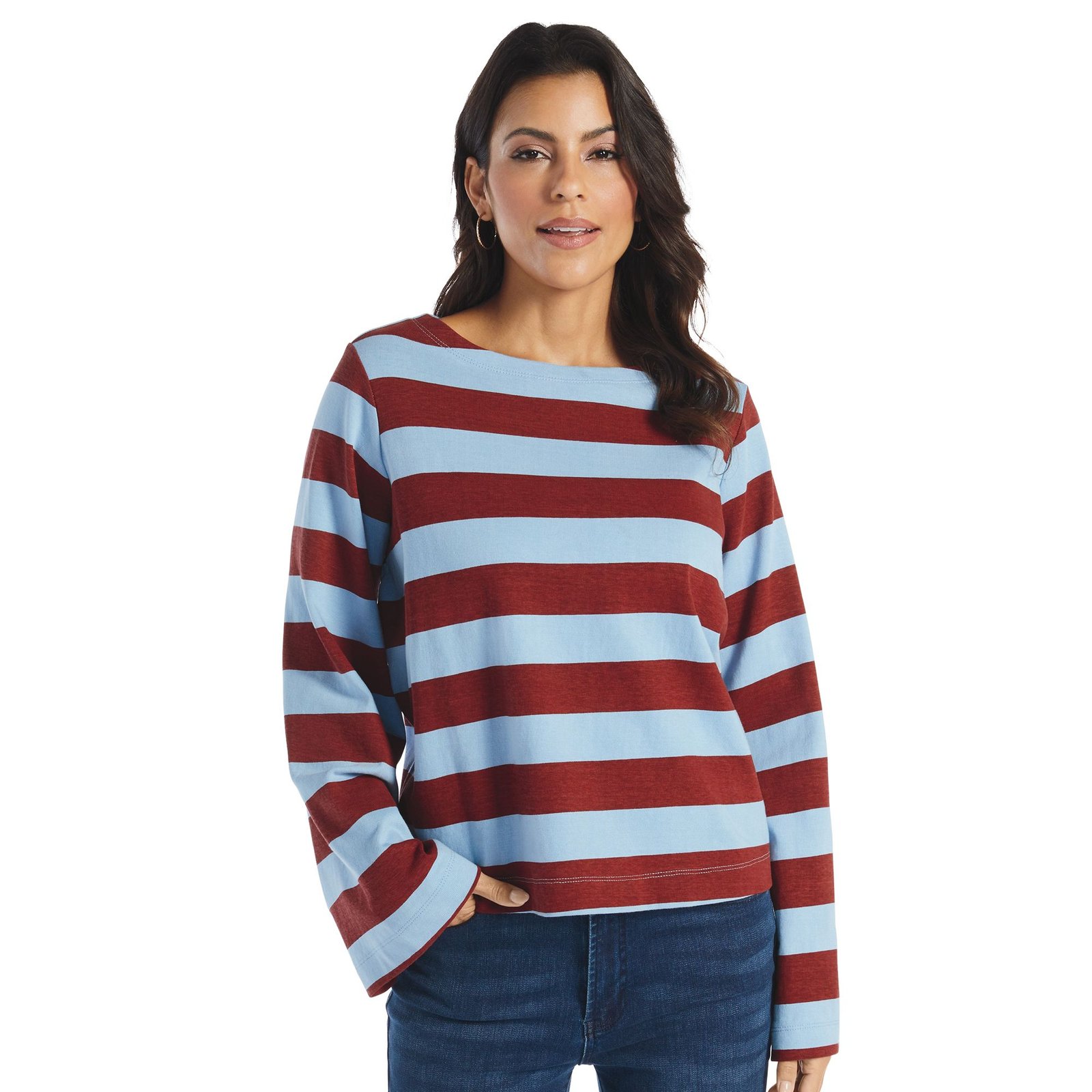 Masseys Bell Sleeve Knit Top (Size XL) Cool Blue Red Stripe, Cotton