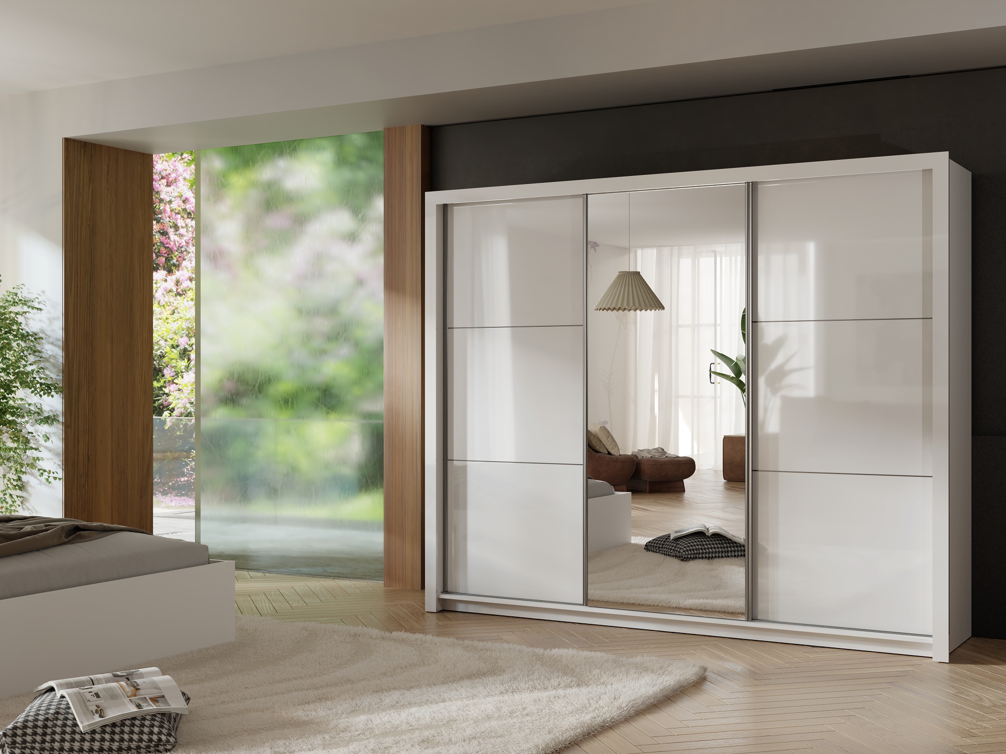 Kleiderschrank HOME AFFAIRE "LANDERY Garderobe mit Spiegel, 8 Fächer, 2 Kleiderstangen, Beleuchtung", weiß hochglänzend, B:257,8cm H:212cm T:66,6cm, Spanplatte, Schränke, Kleiderschrank, Schiebetürenschrank mit 3 Türen, Maße B/T/H: 252/67/213cm