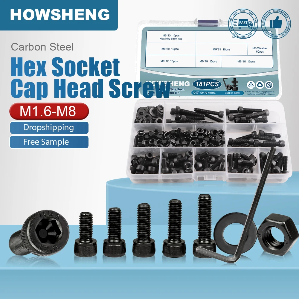 M1,6 M2 M2,5 M3 M4 M5 M6 M8 Innensechskantschrauben-Mutter-Set, schwarze Innensechskantschrauben und Mutter der Güteklasse 12,9, mit Unterlegscheiben-Set Image