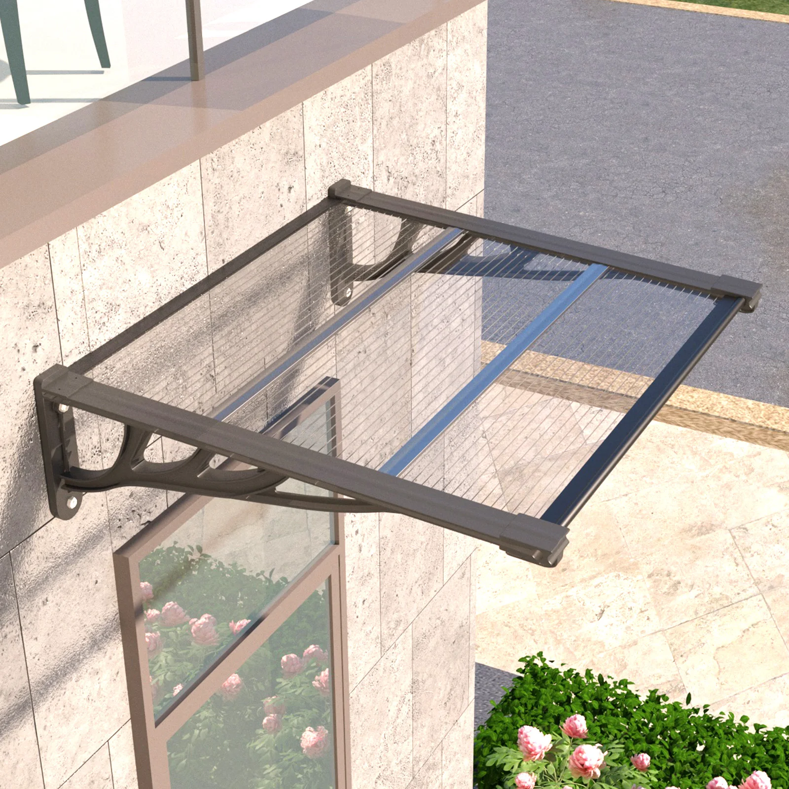 Fensterüberdachung mit Polycarbonat-Gesicht für UV-Schutz. Markise für den Außenbereich oder gewerbliche Laden Image