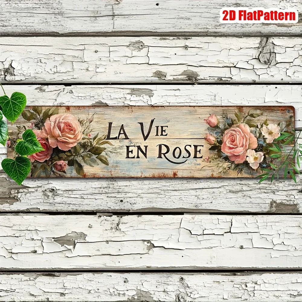 2D Flat, 1 Stück La Vie En Rose Vintage Metallschild – rustikale florale Wandkunst, 10,01 x 39,98 cm, perfekt für Zuhause, Garten oder Garage