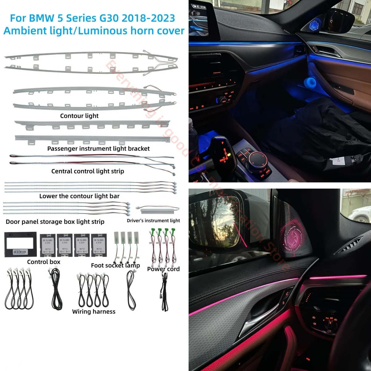 Umgebungslicht für BMW 5er G30 2018–2023, Atmosphärenlampe, Auto-Innenbeleuchtung, Upgrade, Autozubehör, leuchtende Hupenabdeckung Image