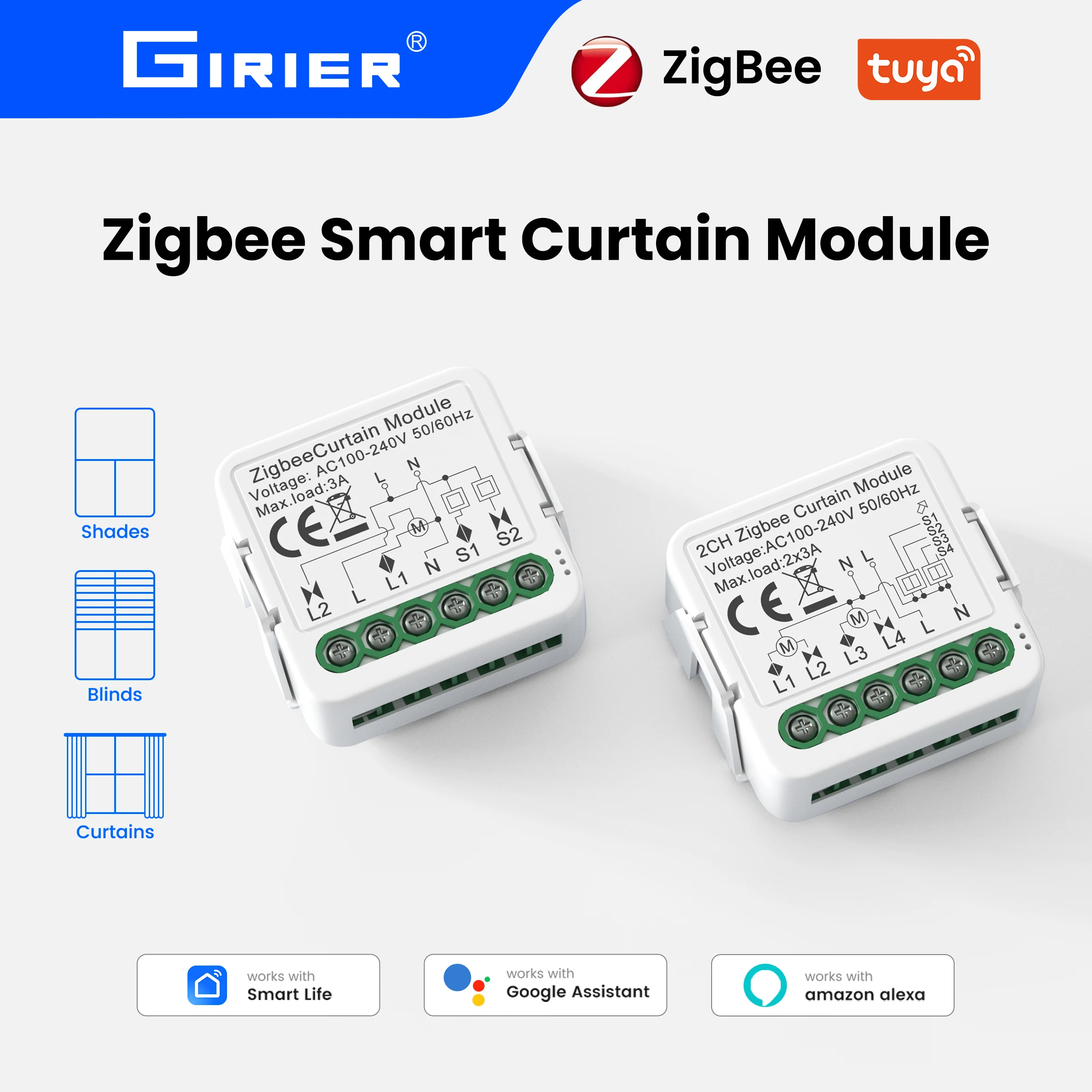 GIRIER Tuya Smart Wi-Fi RF433 ZigBee Vorhangschaltermodul für elektrischen Rollladen-Jalousiemotor 1/2CH Funktioniert Hey Google Alexa Image